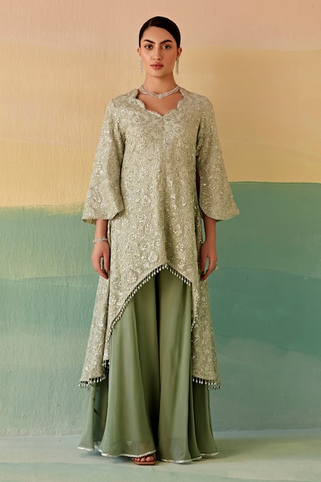 Buy_Mustard Moon By Neyha And Vrinda_Green Georgette Sequins, Embroidery And Thread Work Kurta & Sharara Set _Online_at_Aza_Fashions