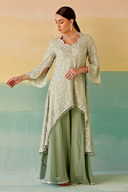 Mustard Moon By Neyha And Vrinda_Green Georgette Sequins, Embroidery And Thread Work Kurta & Sharara Set _at_Aza_Fashions