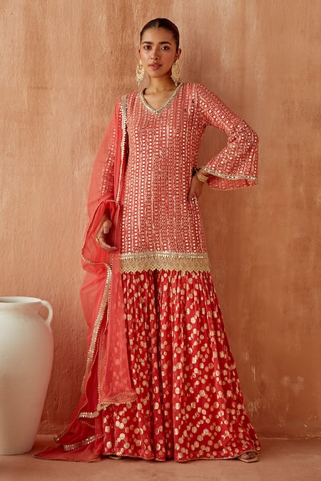 Mustard Moon By Neyha And Vrinda Coral Georgette Mirrors, Sequins, Embroidery V-neck Kurta Sharara Set Online at Aza Fashions Mustard Moon By Neyha And Vrinda_Coral Georgette Mirrors, Sequins, Embroidery V-neck Kurta Sharara Set _Online_at_Aza_Fashions