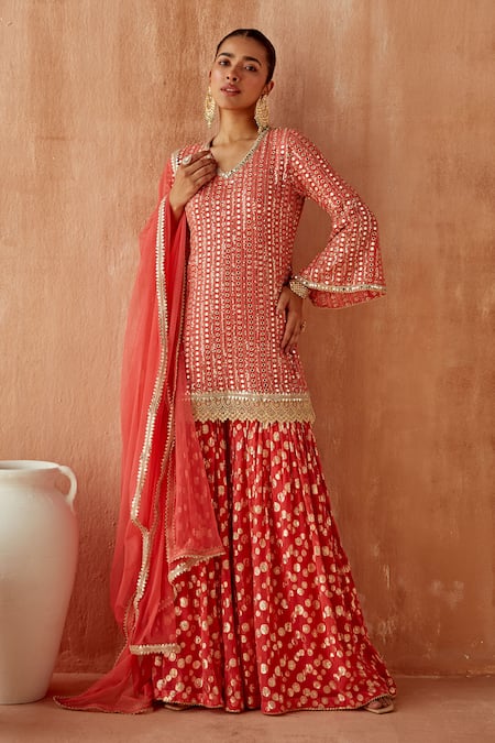 Buy Mustard Moon By Neyha And Vrinda Coral Georgette Mirrors, Sequins, Embroidery V-neck Kurta Sharara Set Online at Aza Fashions Buy_Mustard Moon By Neyha And Vrinda_Coral Georgette Mirrors, Sequins, Embroidery V-neck Kurta Sharara Set _Online_at_Aza_Fashions