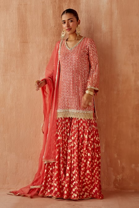 Shop Mustard Moon By Neyha And Vrinda Coral Georgette Mirrors, Sequins, Embroidery V-neck Kurta Sharara Set Online at Aza Fashions Shop_Mustard Moon By Neyha And Vrinda_Coral Georgette Mirrors, Sequins, Embroidery V-neck Kurta Sharara Set _Online_at_Aza_Fashions
