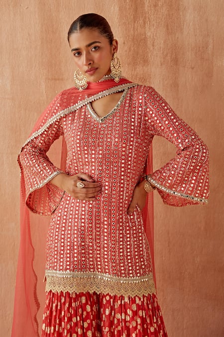 Mustard Moon By Neyha And Vrinda Coral Georgette Mirrors, Sequins, Embroidery V-neck Kurta Sharara Set at Aza Fashions Mustard Moon By Neyha And Vrinda_Coral Georgette Mirrors, Sequins, Embroidery V-neck Kurta Sharara Set _at_Aza_Fashions