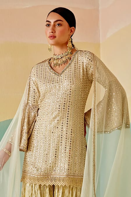 Mustard Moon By Neyha And Vrinda Mirror & Sequin Embroidered Kurta Sharara Set 
