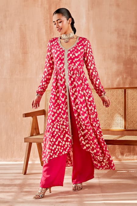 Shop_Mustard Moon By Neyha And Vrinda_Pink Georgette, Satin Lace, Embroidery, Sequins V-neck Anarkali Pant Set_Online_at_Aza_Fashions
