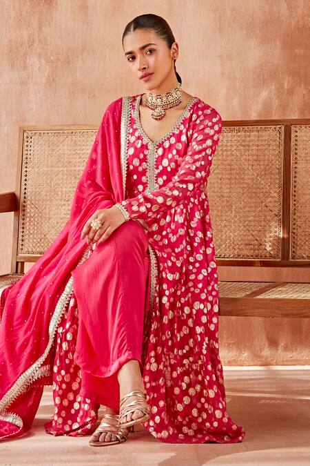 Mustard Moon By Neyha And Vrinda_Pink Georgette, Satin Lace, Embroidery, Sequins V-neck Anarkali Pant Set_at_Aza_Fashions