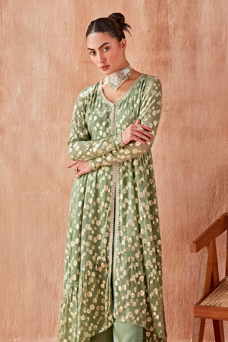 Buy Mustard Moon By Neyha And Vrinda Green Georgette Lace, Embroidery V-neck Trimmed Anarkali Pant Set Online at Aza Fashions Buy_Mustard Moon By Neyha And Vrinda_Green Georgette Lace, Embroidery V-neck Trimmed Anarkali Pant Set_Online_at_Aza_Fashions