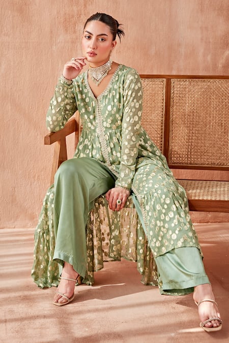 Shop Mustard Moon By Neyha And Vrinda Green Georgette Lace, Embroidery V-neck Trimmed Anarkali Pant Set Online at Aza Fashions Shop_Mustard Moon By Neyha And Vrinda_Green Georgette Lace, Embroidery V-neck Trimmed Anarkali Pant Set_Online_at_Aza_Fashions