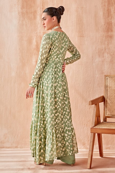 Buy Mustard Moon By Neyha And Vrinda Green Georgette Lace, Embroidery V-neck Trimmed Anarkali Pant Set Buy_Mustard Moon By Neyha And Vrinda_Green Georgette Lace, Embroidery V-neck Trimmed Anarkali Pant Set