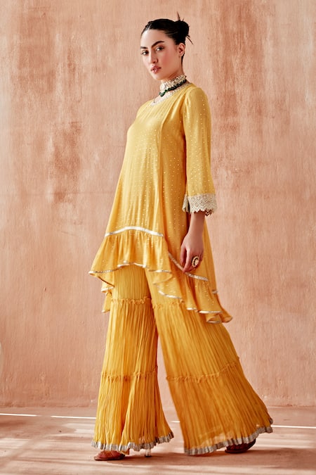 Mustard Moon By Neyha And Vrinda Mukaish Work Kurta Sharara Set 