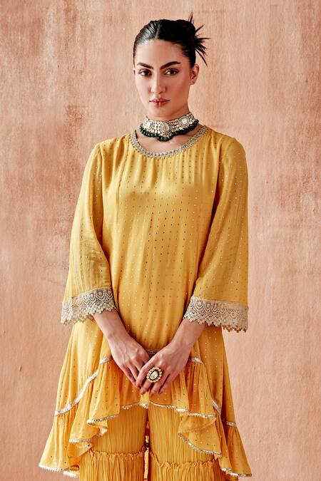 Mustard Moon By Neyha And Vrinda_Yellow Georgette Mirrors Round Neck Mukaish Work Kurta Sharara Set _Online_at_Aza_Fashions