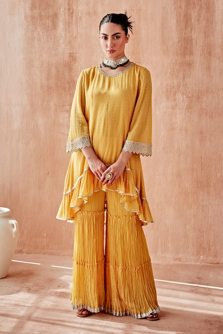 Buy_Mustard Moon By Neyha And Vrinda_Yellow Georgette Mirrors Round Neck Mukaish Work Kurta Sharara Set _Online_at_Aza_Fashions