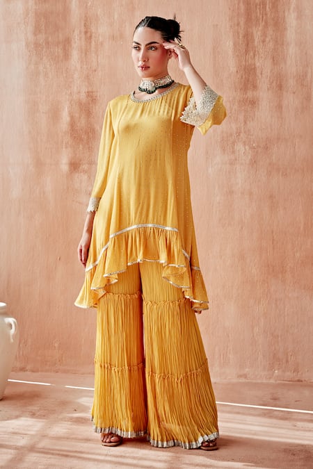 Shop_Mustard Moon By Neyha And Vrinda_Yellow Georgette Mirrors Round Neck Mukaish Work Kurta Sharara Set _Online_at_Aza_Fashions