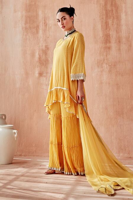 Mustard Moon By Neyha And Vrinda_Yellow Georgette Mirrors Round Neck Mukaish Work Kurta Sharara Set _at_Aza_Fashions