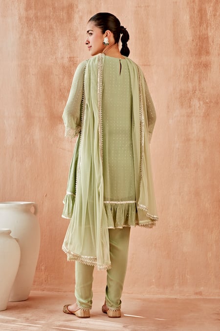 Shop_Mustard Moon By Neyha And Vrinda_Green Georgette Embroidery Round Neck Mukaish Work High Low Kurta Tulip Pant Set _at_Aza_Fashions