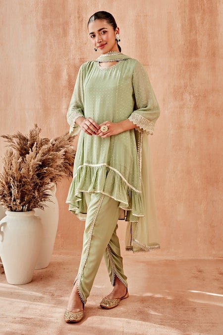 Buy_Mustard Moon By Neyha And Vrinda_Green Georgette Embroidery Round Neck Mukaish Work High Low Kurta Tulip Pant Set _Online_at_Aza_Fashions
