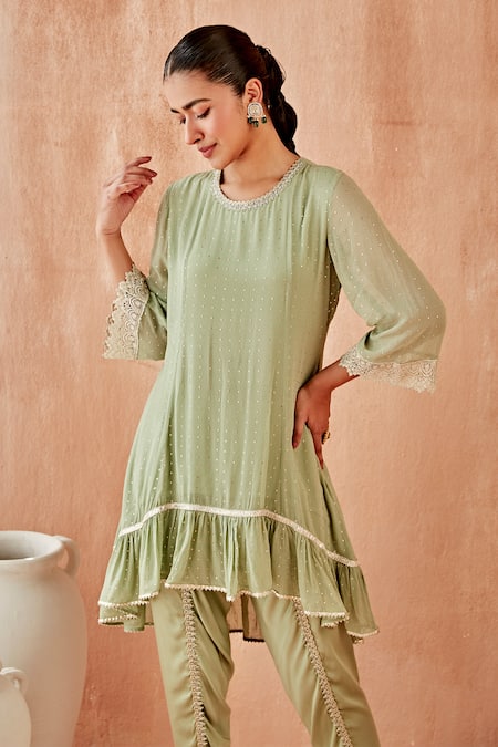 Shop_Mustard Moon By Neyha And Vrinda_Green Georgette Embroidery Round Neck Mukaish Work High Low Kurta Tulip Pant Set _Online_at_Aza_Fashions