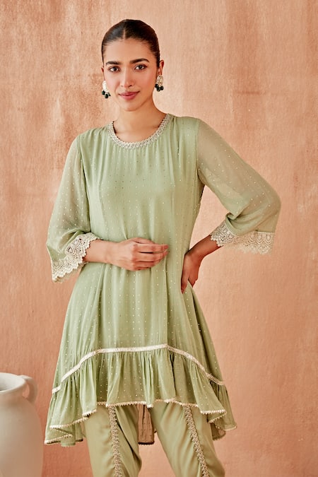 Mustard Moon By Neyha And Vrinda_Green Georgette Embroidery Round Neck Mukaish Work High Low Kurta Tulip Pant Set _at_Aza_Fashions