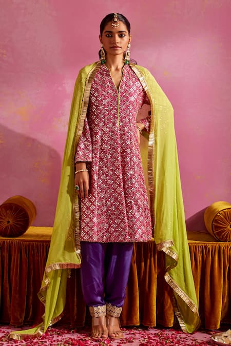 Mustard Moon by Neyha and Vrinda Pink Georgette Embroidered Sequin Notched Kurta Salwar Set 