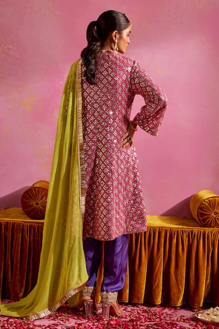 Mustard Moon By Neyha And Vrinda_Pink Georgette Sequins, Embroidery Split V-neck Kurta Salwar Set _Online_at_Aza_Fashions