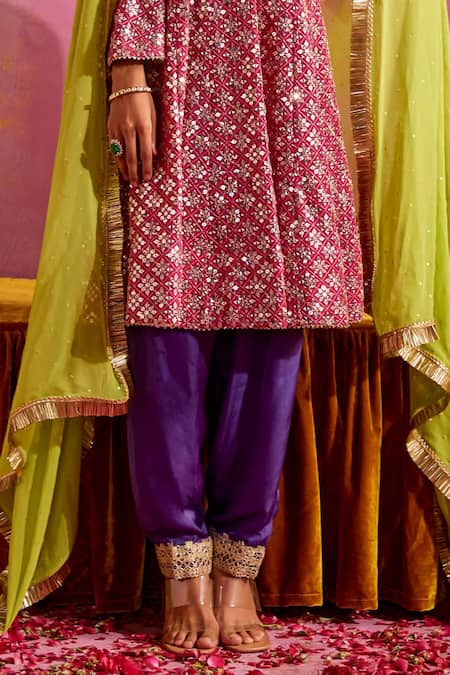 Buy_Mustard Moon By Neyha And Vrinda_Pink Georgette Sequins, Embroidery Split V-neck Kurta Salwar Set _Online_at_Aza_Fashions