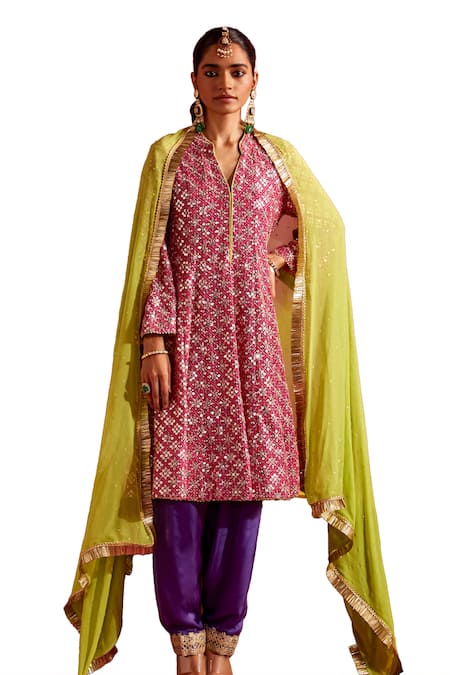 Shop_Mustard Moon By Neyha And Vrinda_Pink Georgette Sequins, Embroidery Split V-neck Kurta Salwar Set _Online_at_Aza_Fashions