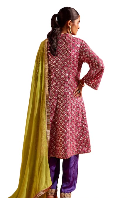 Buy_Mustard Moon By Neyha And Vrinda_Pink Georgette Sequins, Embroidery Split V-neck Kurta Salwar Set 