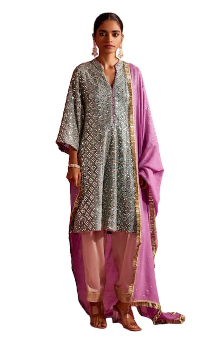 Shop Mustard Moon By Neyha And Vrinda Blue Georgette Sequins Split V-neck Embroidered Kurta Salwar Set Online at Aza Fashions Shop_Mustard Moon By Neyha And Vrinda_Blue Georgette Sequins Split V-neck Embroidered Kurta Salwar Set _Online_at_Aza_Fashions