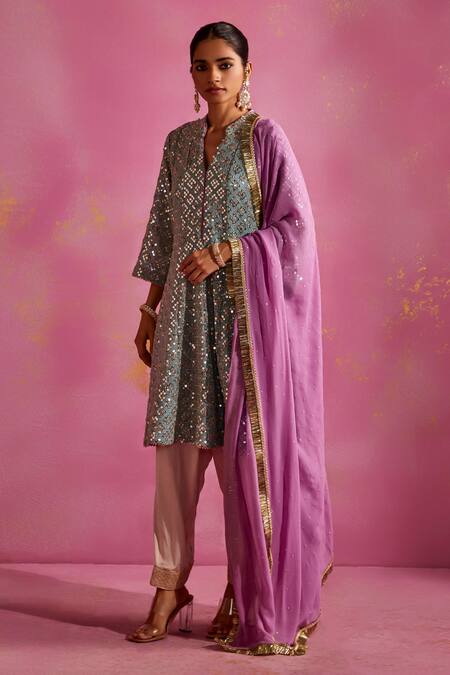 Mustard Moon By Neyha And Vrinda Blue Georgette Sequins Split V-neck Embroidered Kurta Salwar Set at Aza Fashions Mustard Moon By Neyha And Vrinda_Blue Georgette Sequins Split V-neck Embroidered Kurta Salwar Set _at_Aza_Fashions