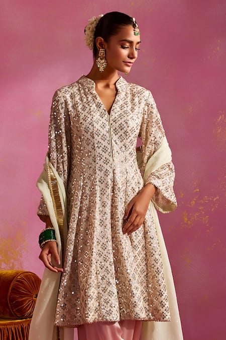 Mustard Moon By Neyha And Vrinda Ivory Georgette Sequins, Embroidery Split V-neck Work Kurta Salwar Set Online at Aza Fashions Mustard Moon By Neyha And Vrinda_Ivory Georgette Sequins, Embroidery Split V-neck Work Kurta Salwar Set _Online_at_Aza_Fashions