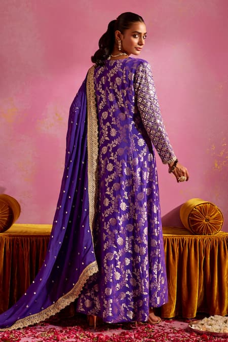 Mustard Moon By Neyha And Vrinda_Purple Brocade Sequins, Embroidery, Mirrors Round Neck Anarkali Set _Online_at_Aza_Fashions