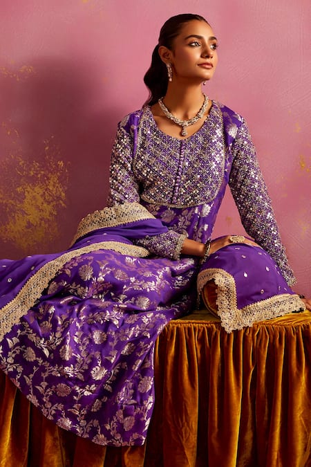 Buy_Mustard Moon By Neyha And Vrinda_Purple Brocade Sequins, Embroidery, Mirrors Round Neck Anarkali Set _Online_at_Aza_Fashions