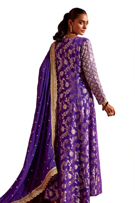 Mustard Moon By Neyha And Vrinda_Purple Brocade Sequins, Embroidery, Mirrors Round Neck Anarkali Set _at_Aza_Fashions