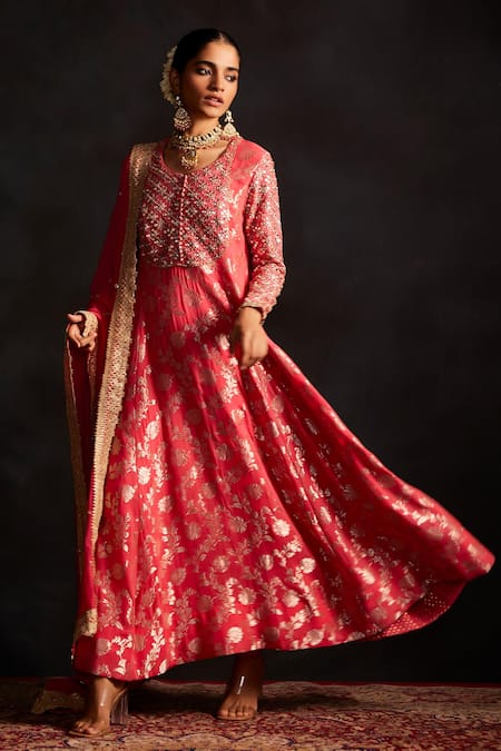 Shop Mustard Moon By Neyha And Vrinda Coral Brocade, Silk, Cotton, Chiffon Sequins, Embroidery, Anarkali Churidar Set at Aza Fashions Shop_Mustard Moon By Neyha And Vrinda_Coral Brocade, Silk, Cotton, Chiffon Sequins, Embroidery, Anarkali Churidar Set _at_Aza_Fashions