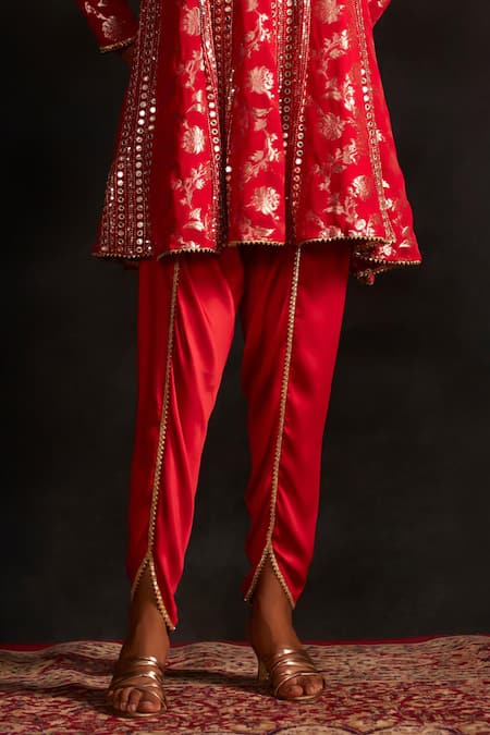 Buy_Mustard Moon By Neyha And Vrinda_Red Brocade, Silk Embroidery, Zari Round Neck Kurta And Tulip Pant Set _Online_at_Aza_Fashions