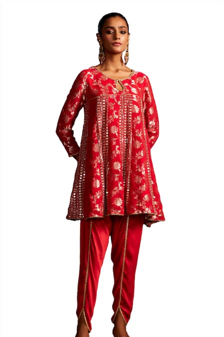 Shop_Mustard Moon By Neyha And Vrinda_Red Brocade, Silk Embroidery, Zari Round Neck Kurta And Tulip Pant Set _Online_at_Aza_Fashions
