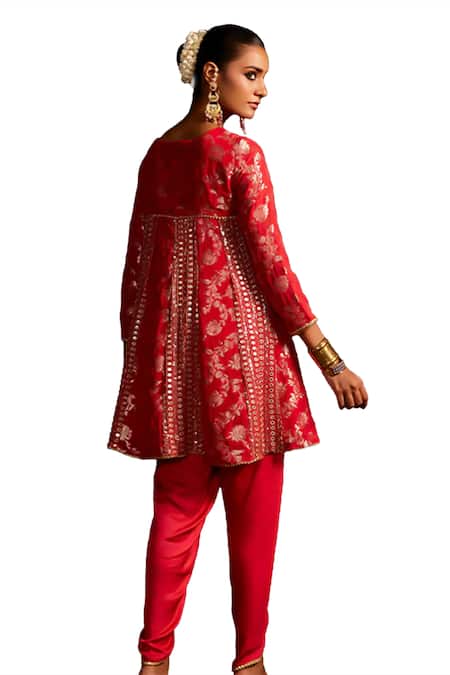 Mustard Moon By Neyha And Vrinda_Red Brocade, Silk Embroidery, Zari Round Neck Kurta And Tulip Pant Set _at_Aza_Fashions