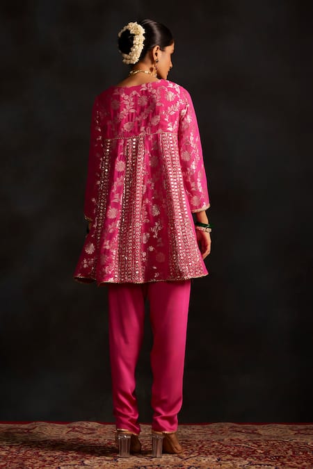 Mustard Moon By Neyha And Vrinda Pink Brocade, Silk Embroidery Round Neck Woven Kurta And Tulip Pant Set Online at Aza Fashions Mustard Moon By Neyha And Vrinda_Pink Brocade, Silk Embroidery Round Neck Woven Kurta And Tulip Pant Set _Online_at_Aza_Fashions