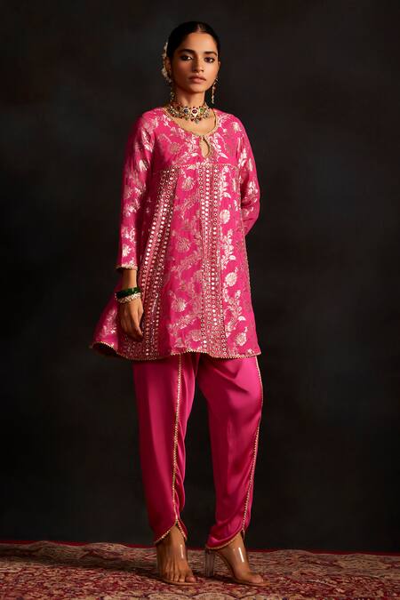 Buy Mustard Moon By Neyha And Vrinda Pink Brocade, Silk Embroidery Round Neck Woven Kurta And Tulip Pant Set Online at Aza Fashions Buy_Mustard Moon By Neyha And Vrinda_Pink Brocade, Silk Embroidery Round Neck Woven Kurta And Tulip Pant Set _Online_at_Aza_Fashions