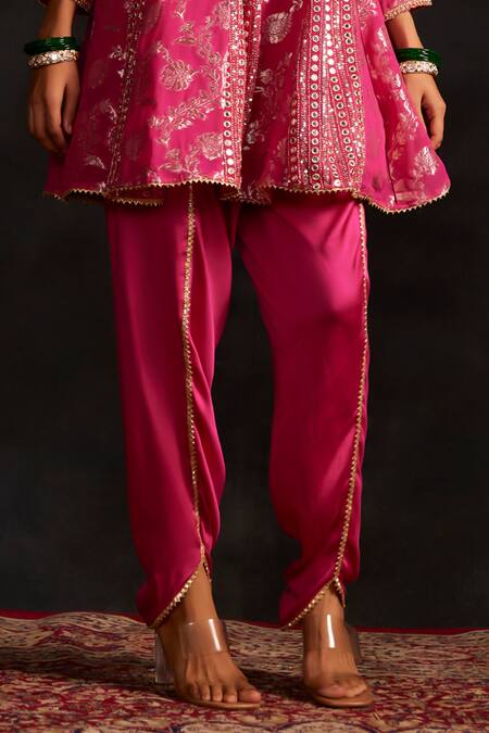 Shop Mustard Moon By Neyha And Vrinda Pink Brocade, Silk Embroidery Round Neck Woven Kurta And Tulip Pant Set Online at Aza Fashions Shop_Mustard Moon By Neyha And Vrinda_Pink Brocade, Silk Embroidery Round Neck Woven Kurta And Tulip Pant Set _Online_at_Aza_Fashions