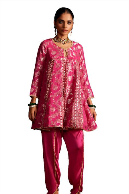 Mustard Moon By Neyha And Vrinda Pink Brocade, Silk Embroidery Round Neck Woven Kurta And Tulip Pant Set at Aza Fashions Mustard Moon By Neyha And Vrinda_Pink Brocade, Silk Embroidery Round Neck Woven Kurta And Tulip Pant Set _at_Aza_Fashions