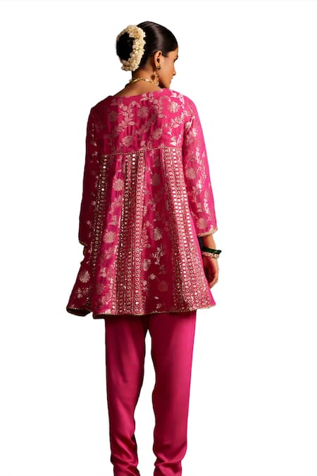 Buy Mustard Moon By Neyha And Vrinda Pink Brocade, Silk Embroidery Round Neck Woven Kurta And Tulip Pant Set Buy_Mustard Moon By Neyha And Vrinda_Pink Brocade, Silk Embroidery Round Neck Woven Kurta And Tulip Pant Set