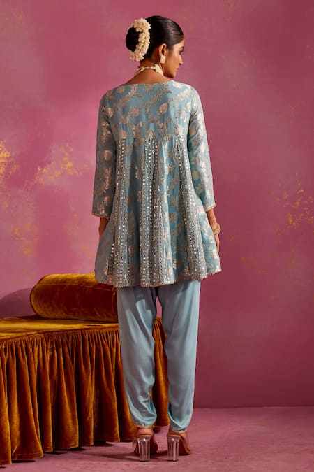 Shop Mustard Moon By Neyha And Vrinda Blue Brocade, Silk Mirrors, Embroidery Round Neck Woven Kurta And Tulip Pant Set at Aza Fashions Shop_Mustard Moon By Neyha And Vrinda_Blue Brocade, Silk Mirrors, Embroidery Round Neck Woven Kurta And Tulip Pant Set _at_Aza_Fashions