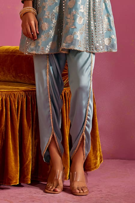 Mustard Moon By Neyha And Vrinda Blue Brocade, Silk Mirrors, Embroidery Round Neck Woven Kurta And Tulip Pant Set Online at Aza Fashions Mustard Moon By Neyha And Vrinda_Blue Brocade, Silk Mirrors, Embroidery Round Neck Woven Kurta And Tulip Pant Set _Online_at_Aza_Fashions