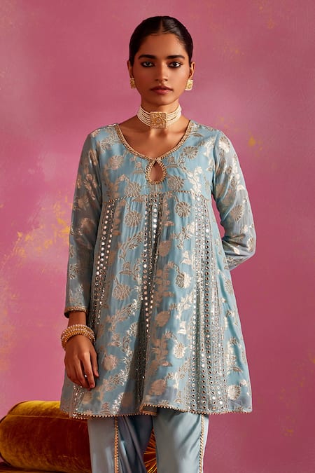 Buy Mustard Moon By Neyha And Vrinda Blue Brocade, Silk Mirrors, Embroidery Round Neck Woven Kurta And Tulip Pant Set Online at Aza Fashions Buy_Mustard Moon By Neyha And Vrinda_Blue Brocade, Silk Mirrors, Embroidery Round Neck Woven Kurta And Tulip Pant Set _Online_at_Aza_Fashions