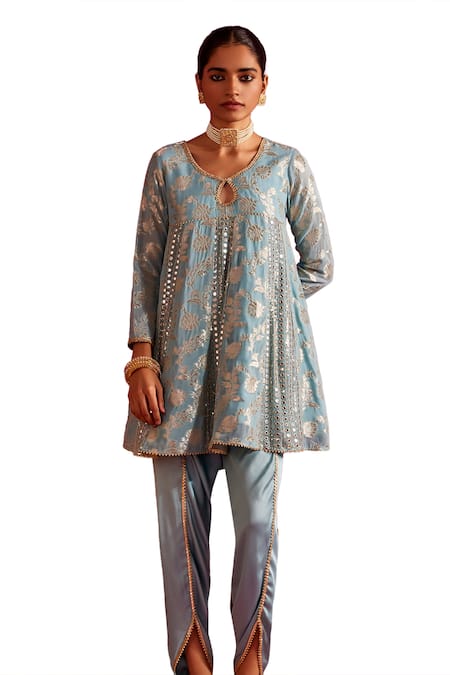 Shop Mustard Moon By Neyha And Vrinda Blue Brocade, Silk Mirrors, Embroidery Round Neck Woven Kurta And Tulip Pant Set Online at Aza Fashions Shop_Mustard Moon By Neyha And Vrinda_Blue Brocade, Silk Mirrors, Embroidery Round Neck Woven Kurta And Tulip Pant Set _Online_at_Aza_Fashions