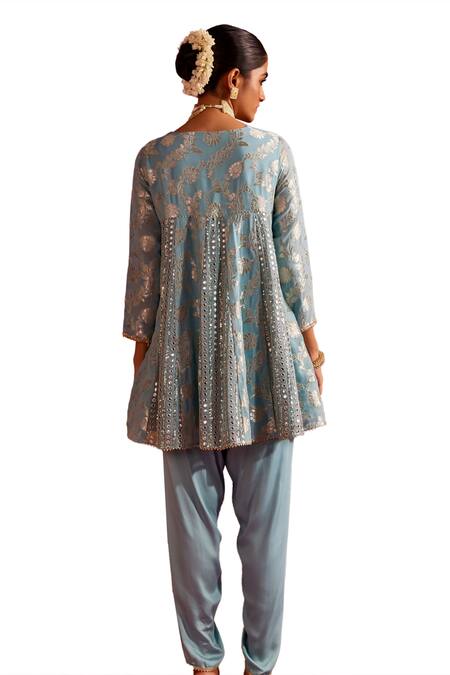 Mustard Moon By Neyha And Vrinda Blue Brocade, Silk Mirrors, Embroidery Round Neck Woven Kurta And Tulip Pant Set at Aza Fashions Mustard Moon By Neyha And Vrinda_Blue Brocade, Silk Mirrors, Embroidery Round Neck Woven Kurta And Tulip Pant Set _at_Aza_Fashions