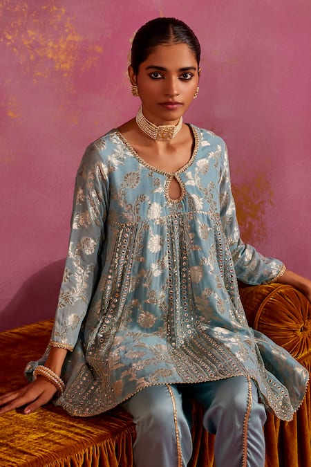 Buy Mustard Moon By Neyha And Vrinda Blue Brocade, Silk Mirrors, Embroidery Round Neck Woven Kurta And Tulip Pant Set Buy_Mustard Moon By Neyha And Vrinda_Blue Brocade, Silk Mirrors, Embroidery Round Neck Woven Kurta And Tulip Pant Set