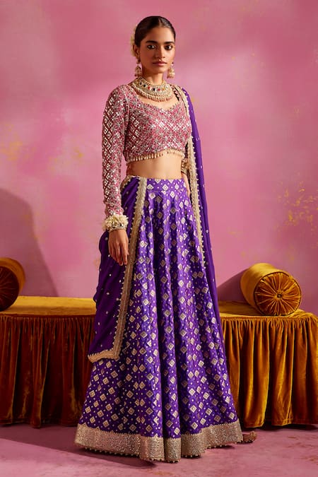 Mustard Moon By Neyha And Vrinda_Purple Brocade Pearls, Sequins V-neck Embroidered Blouse And Lehenga Set _Online_at_Aza_Fashions