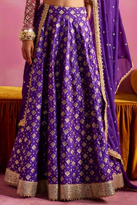 Buy_Mustard Moon By Neyha And Vrinda_Purple Brocade Pearls, Sequins V-neck Embroidered Blouse And Lehenga Set _Online_at_Aza_Fashions