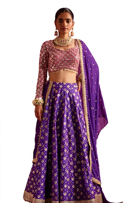 Shop_Mustard Moon By Neyha And Vrinda_Purple Brocade Pearls, Sequins V-neck Embroidered Blouse And Lehenga Set _Online_at_Aza_Fashions